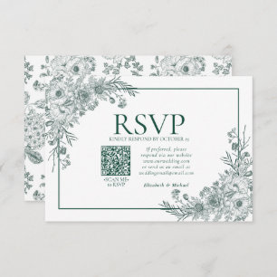 Vintage Emerald Floral Line Art QR Código RSVP