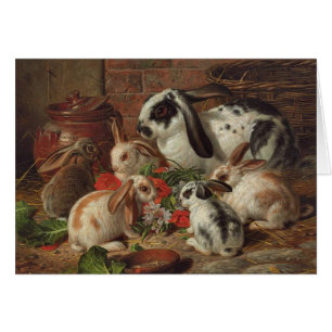 Vintage - familia del conejo que come las flores,