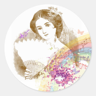Vintage Fan Lady Classic Round Pegatinas
