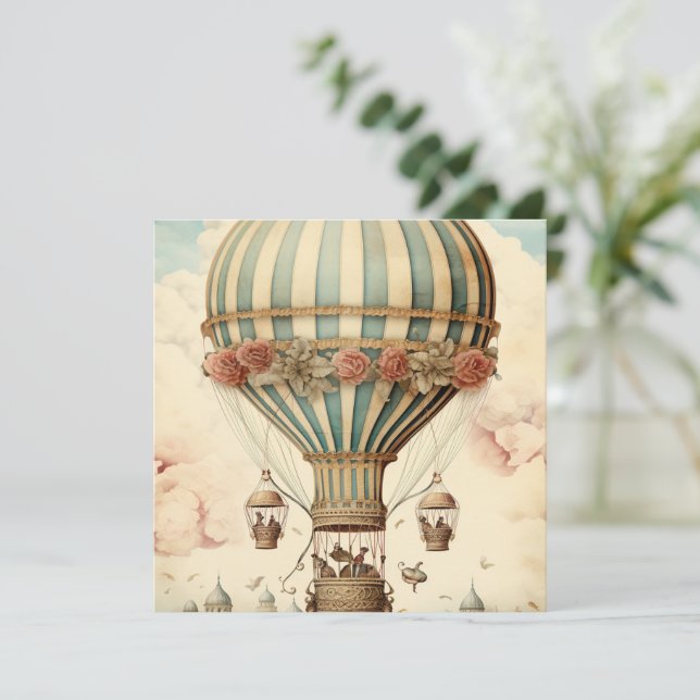 Vintage Floral Blue Stripe Hot Air Balloon (Anverso de pie)