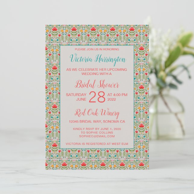 Vintage Floral Pattern Bridal Shower Invitación (Anverso de pie)