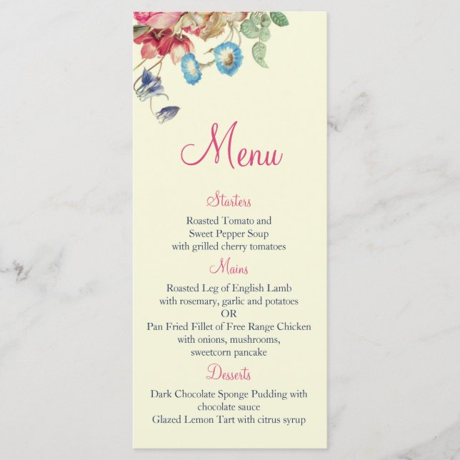 Vintage Floral Romántico Boda Menú (Anverso)
