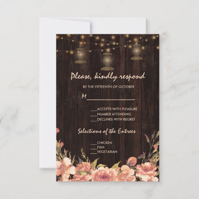 Vintage Floral Wood Old Lanterns Wedding RSVP (Anverso)