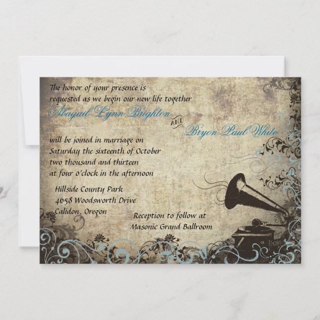 Vintage Fonograph Wedding Invitación Luz Azul (Anverso)