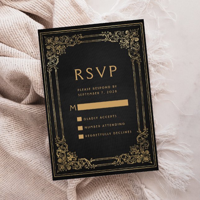 Vintage Frame Black Gold Wedding RSVP (Subido por el creador)