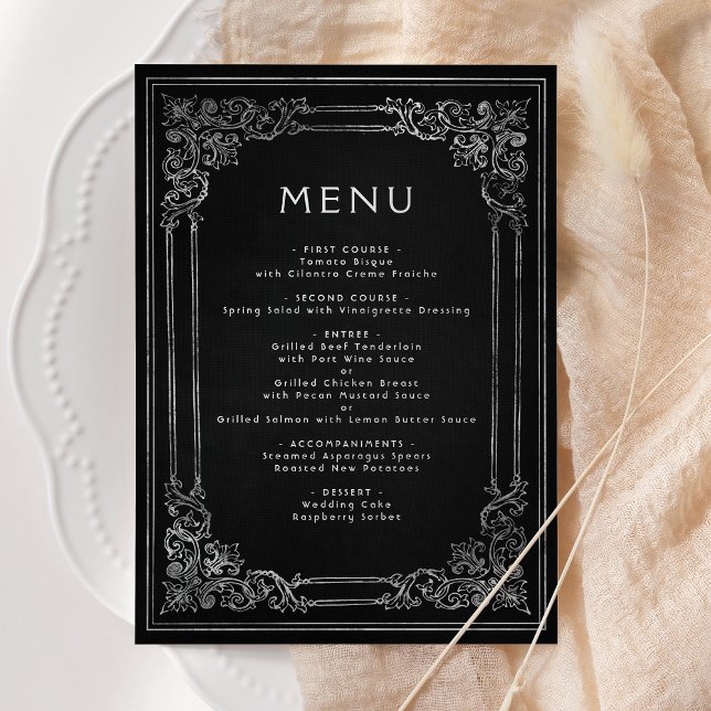Vintage Frame Black Silver Wedding Menu (Subido por el creador)