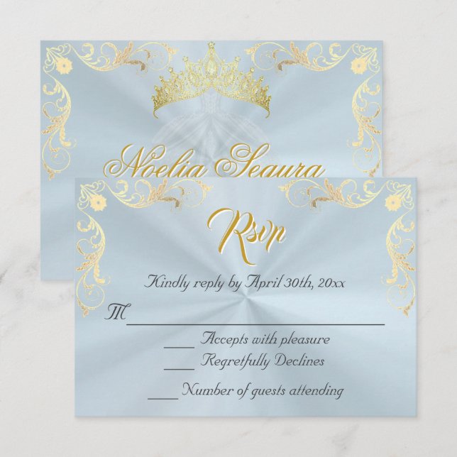 Vintage Frame Quinceanera RSVP - Blue/Gold (Anverso / Reverso)