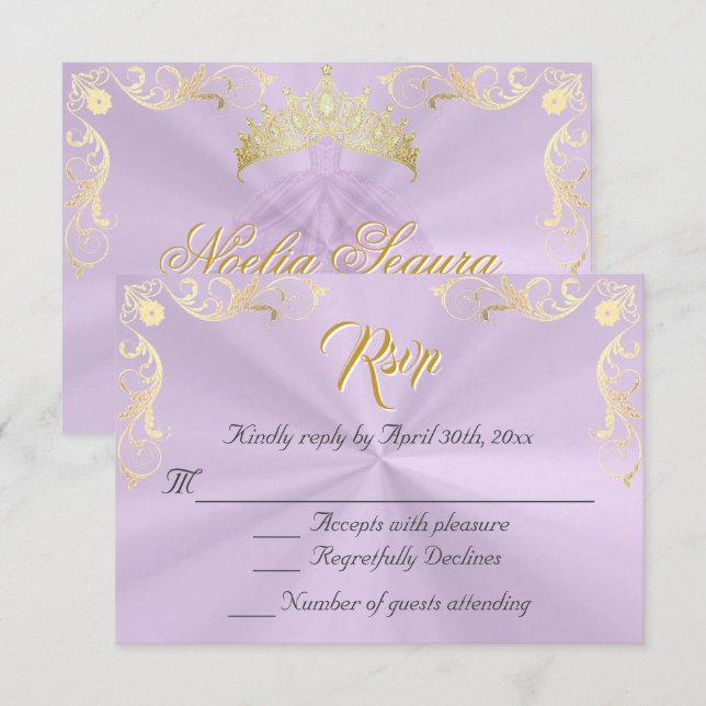 Vintage Frame Quinceanera RSVP - Lavender/Gold (Anverso / Reverso)