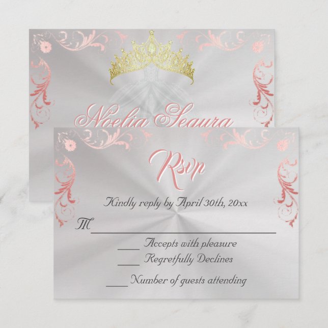 Vintage Frame Quinceanera RSVP - Pearl/Rose Gold (Anverso / Reverso)