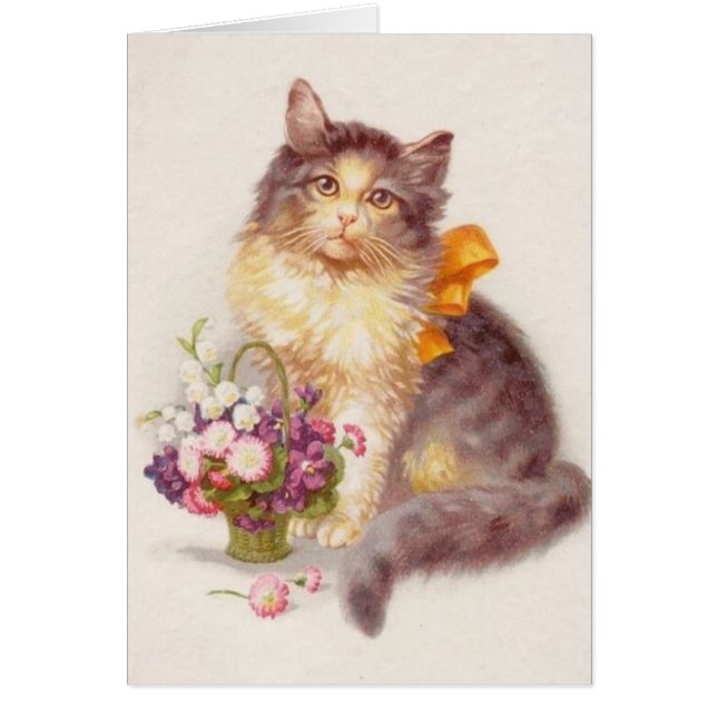 Vintage - gato y cesta de flores, (Frente)
