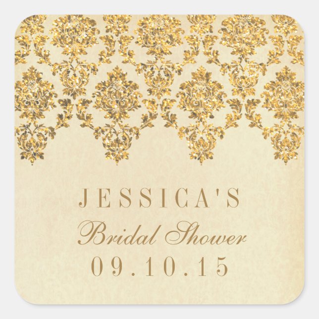 Vintage Glam Gold Damask Bridal Shower Pegatinas (Anverso)