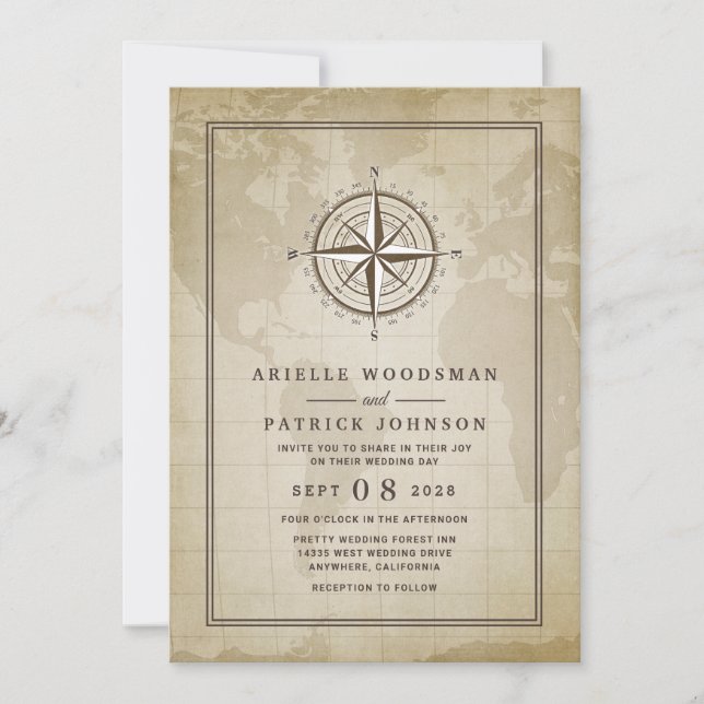 Vintage Globe Nautical Compass Invitaciones a la b (Anverso)