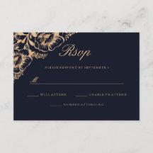 Vintage Gold Navy Floral Wedding RSVP