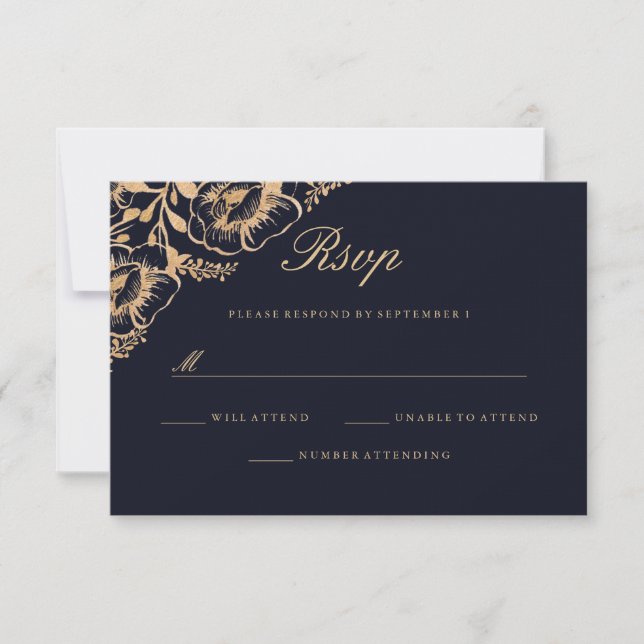 Vintage Gold Navy Floral Wedding RSVP (Anverso)