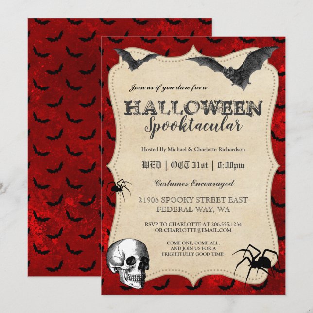 Vintage Gótica Halloween Bats Party Invitación (Anverso / Reverso)