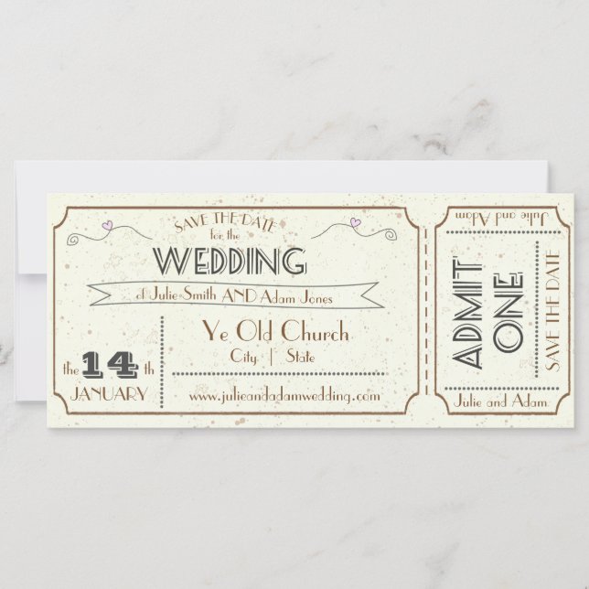 Vintage Grunge Ticket Save the Date (Anverso)