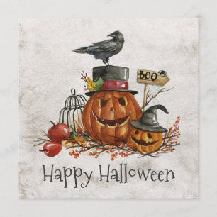 Vintage Halloween Black Bird & Pumpkins Invitación