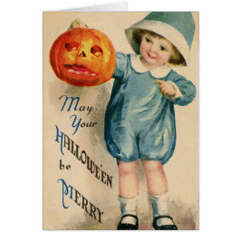 Vintage Halloween Boy con calabaza