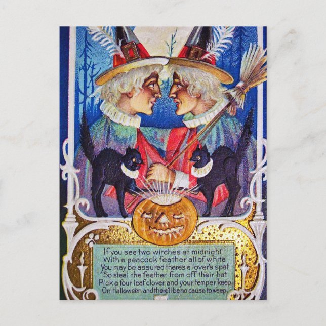 Vintage Halloween bruja gatos negros postal (Anverso)