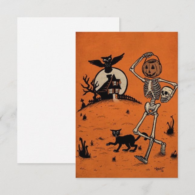 Vintage Halloween Feliz Calabaza Caminando Con Gat (Anverso / Reverso)