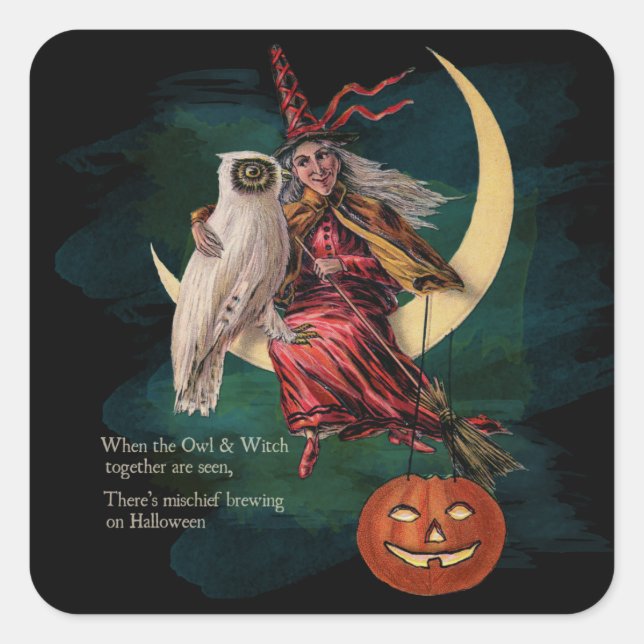 Vintage Halloween Owen and Witch Pegatinas (Anverso)