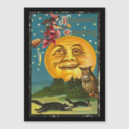 Vintage Halloween saluda a bruja volando en la hab