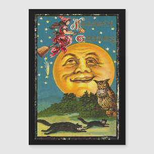 Vintage Halloween saluda a bruja volando en la hab