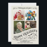 Vintage Happy Holidays Tarjeta plana de 4 fotos<br><div class="desc">Navidades del panel de la ventana de escarcha Tarjetas de felicitación planas de vacaciones con cuatro marcos de foto. Estilo de pizarra invertida de estilo retro divertido y festivo sobre un elegante fondo blanco crema con elegantes rollos holly y letras rústicas de la caligrafía tipográfica de moda antigua. Pulse en...</div>