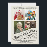 Vintage Happy Holidays Tarjeta plana de 4 fotos<br><div class="desc">Navidades del panel de la ventana de escarcha Tarjetas de felicitación planas de vacaciones con cuatro marcos de foto. Estilo de pizarra invertida de estilo retro divertido y festivo sobre un elegante fondo blanco crema con elegantes rollos holly y letras rústicas de la caligrafía tipográfica de moda antigua. Pulse en...</div>