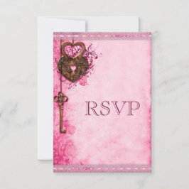 Vintage Heart Lock & Key Pink Wedding RSVP