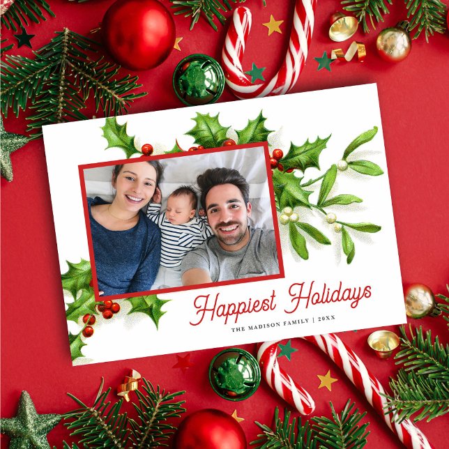 Vintage Holly Mistletoe Photo Holiday Card (Subido por el creador)