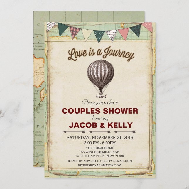 Vintage Hot Air Balloon Parejas Ducha Invitación (Anverso / Reverso)