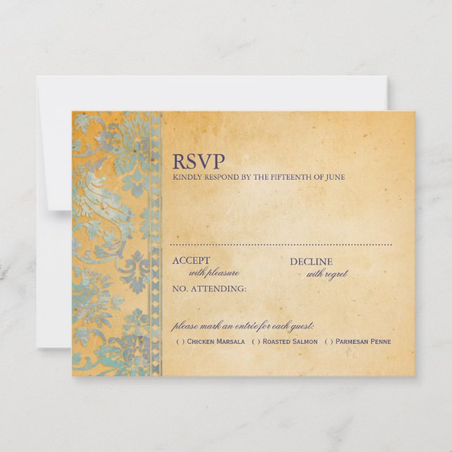 Vintage Ice Blue Damask Lace Wedding RSVP (Anverso)