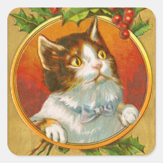 Vintage kitty cat alegre navidad pegatina (Anverso)