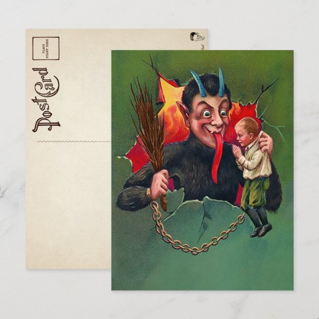 Vintage Krampus sosteniendo una postal infantil (Anverso / Reverso)