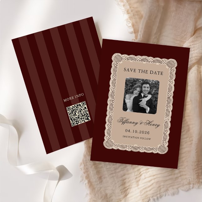 Vintage  Lace Burgundy Save the Date (Subido por el creador)
