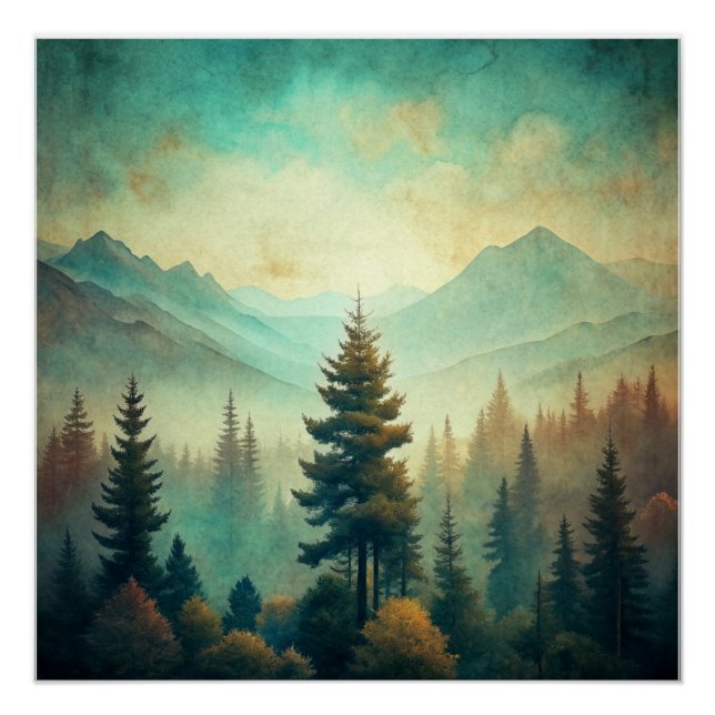 Vintage Landscape Mountains Forest Wall Poster Art (Anverso)