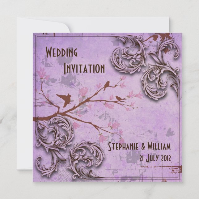 Vintage Lavender Love Birds Wedding Invitación a l (Anverso)