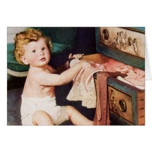 Vintage Lindo Niño Jugando con Cómoda de Ropa