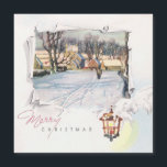 Vintage Merry Christmas Winscape<br><div class="desc">Nostálgico diseño vintage de principios del siglo XX con elegante saludo navideño a las cerezas,  farolillos brillantes y un paisaje rústico de invierno nevado enmarcado por pergaminos rotos.</div>