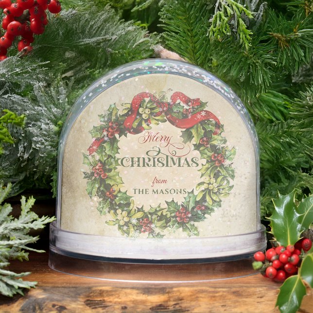 Vintage Merry Christmas Wreath Photo Snow Globe (Subido por el creador)