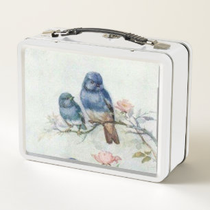 Vintage Metalizado Lunch Box Diseño de Aves Azules