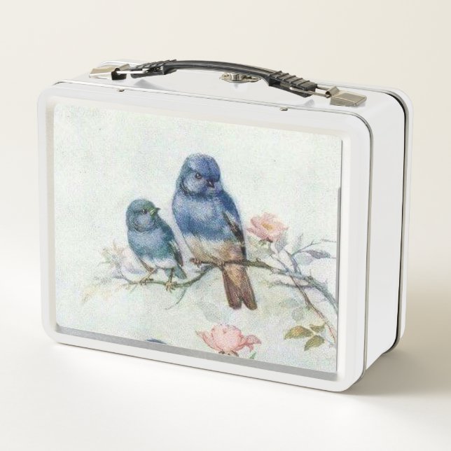 Vintage Metalizado Lunch Box Diseño de Aves Azules (Reverso)