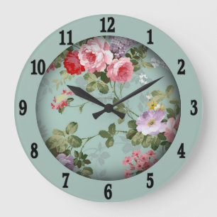 Vintage Mint Green Floral Design Gran Reloj