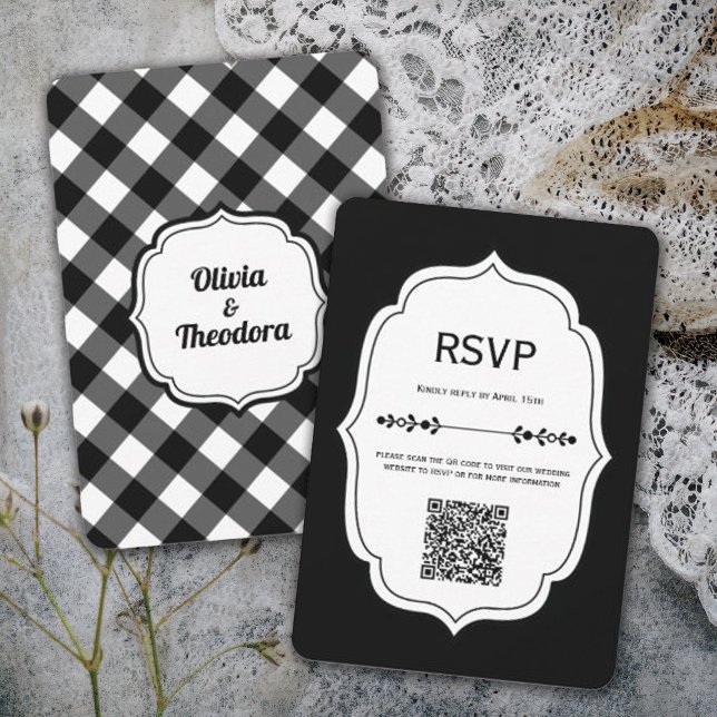 Vintage Modern Gingham Wedding RSVP Cards (Vintage modern elegant gingham check wedding online RSVP card.)