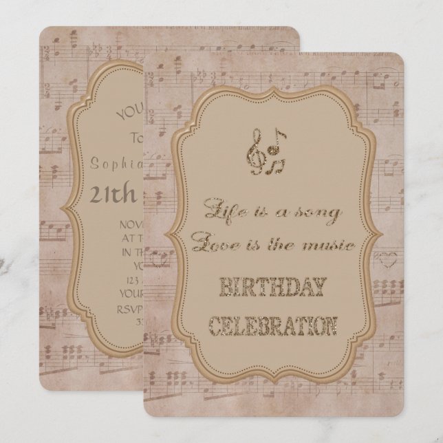 Vintage Music Sheet Gold Birthday Party Invitación (Anverso / Reverso)