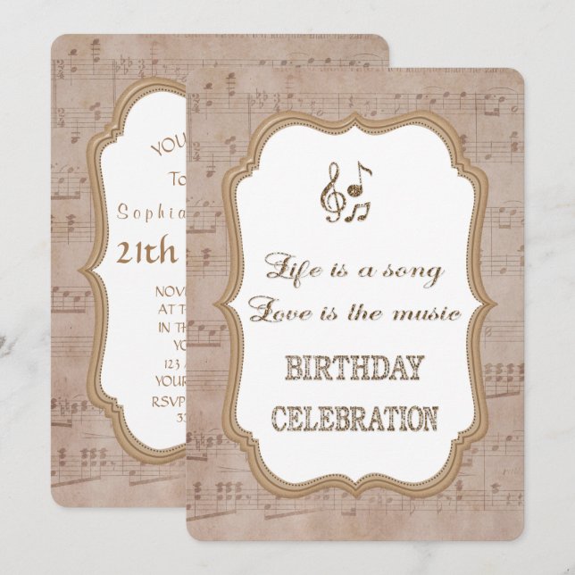 Vintage Music Sheet Gold Birthday Party Invitación (Anverso / Reverso)