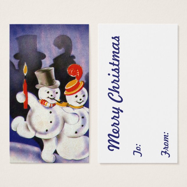 Vintage Navidad bailando hombres de nieve con vela (Anverso y reverso)
