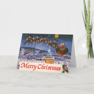 Vintage Navidad Santa Claus volando su Sleigh