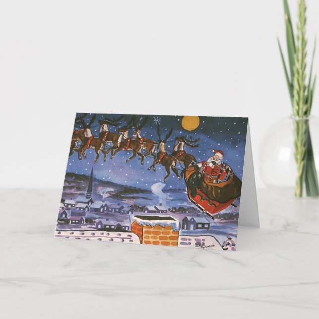 Vintage Navidad Santa Claus volando su Sleigh (Anverso)